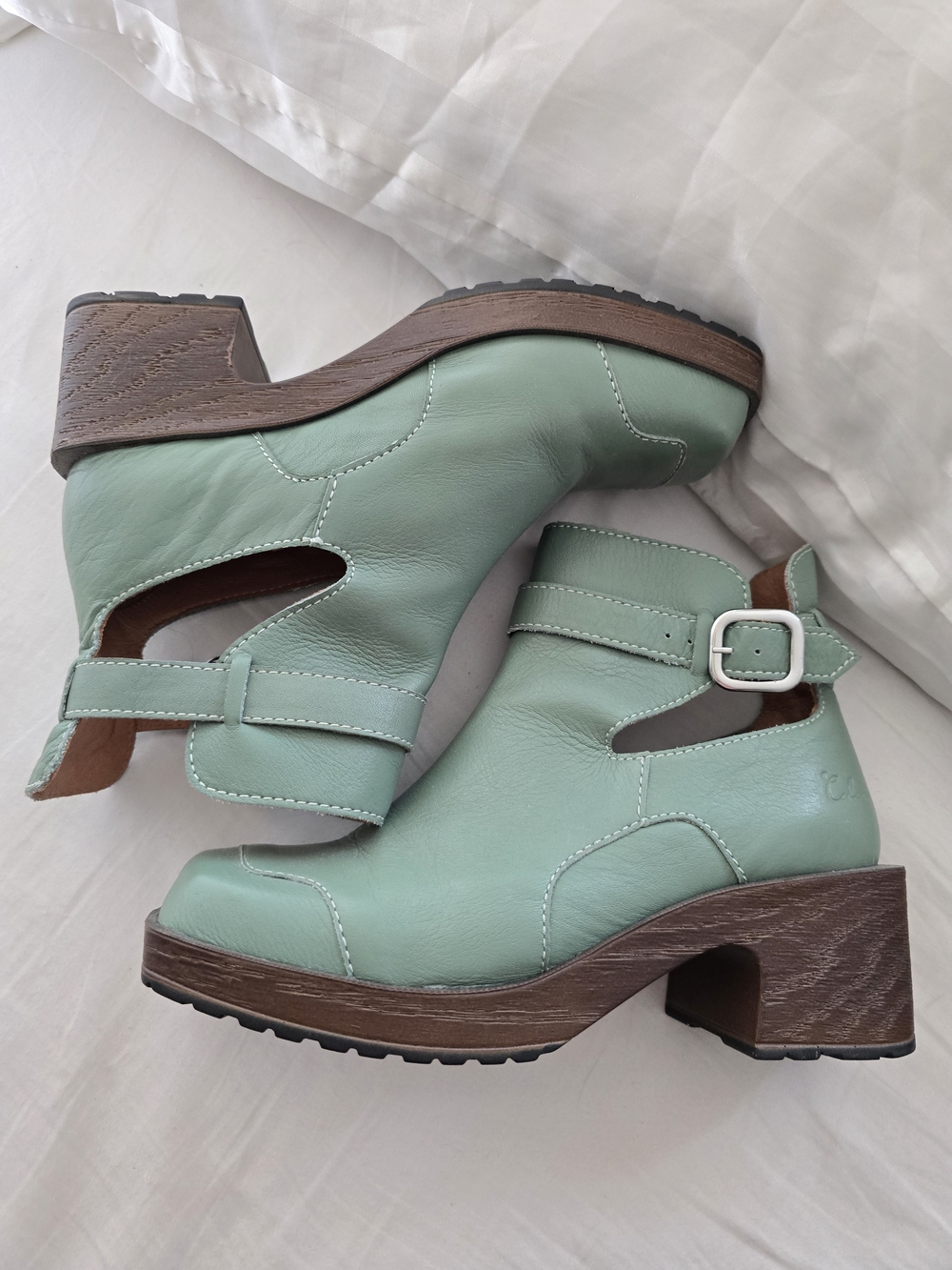 Mint Green Leather Buckle Heeled Clog Boots for Women - US 8.5